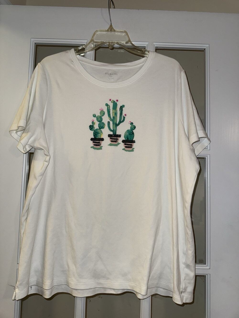Kim Rogers White Tshirt Short Sleeve Cactus Print Sequined XXL